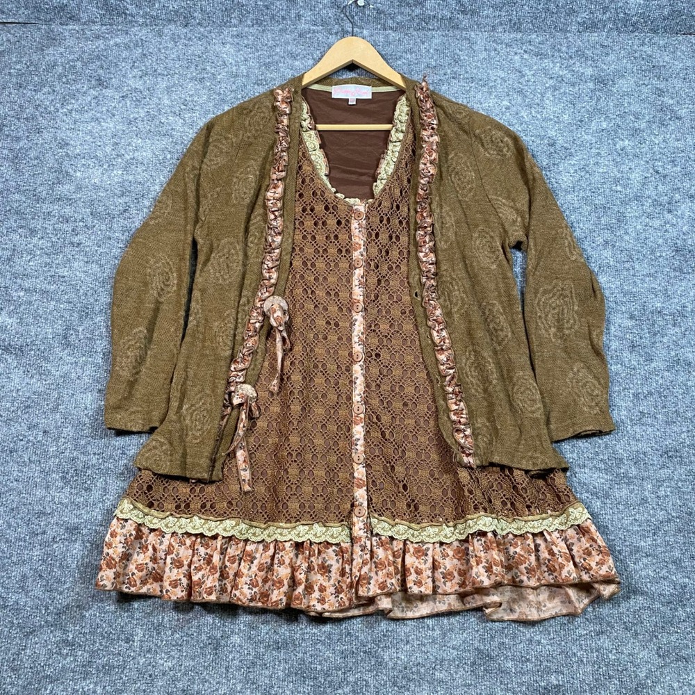 Pretty Angel Brown Linen Blend Floral Lace Ruffle Layered Tunic Top XL
